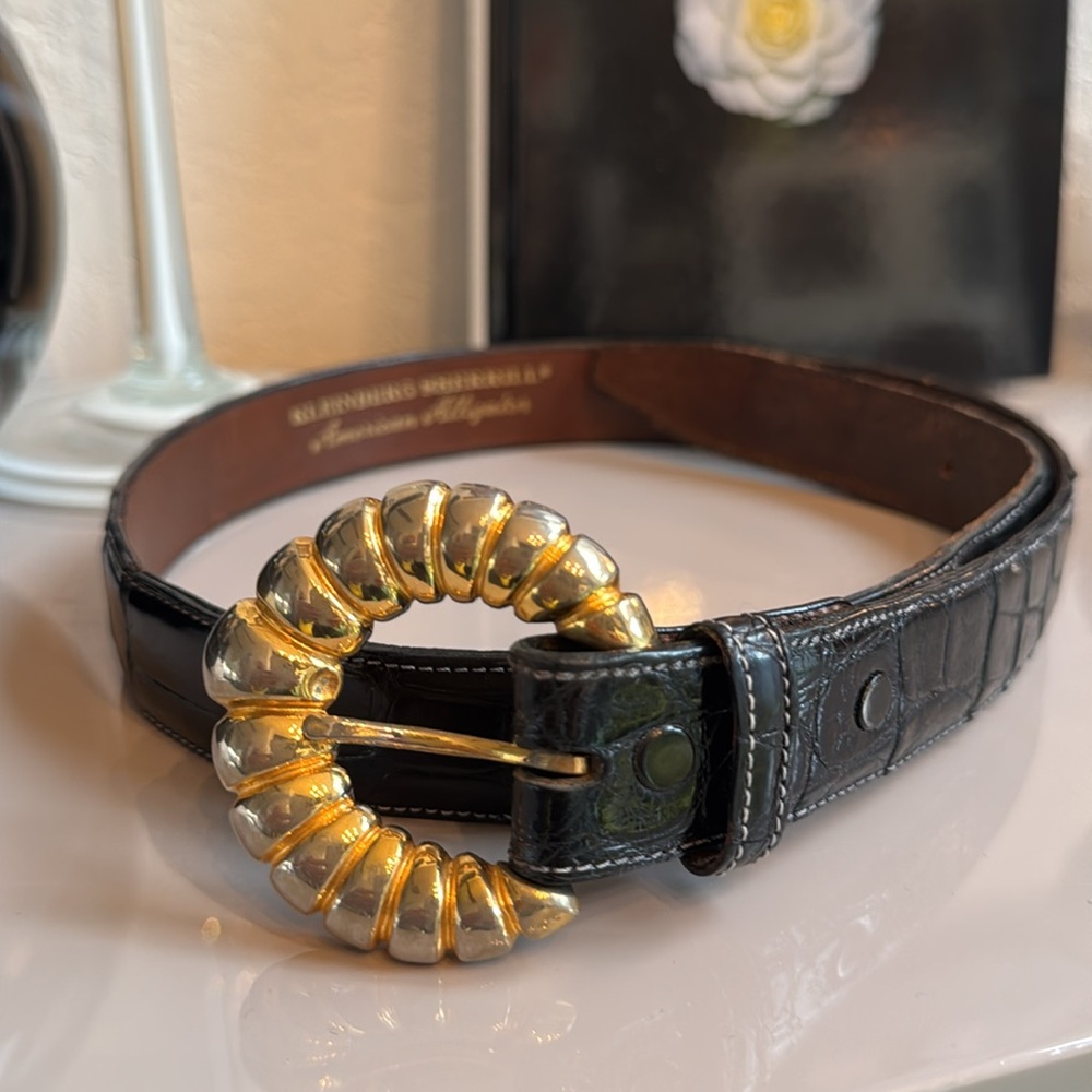 Vintage Klienburg Sherrill Genuine Alligator Belt Black Gold Buckle